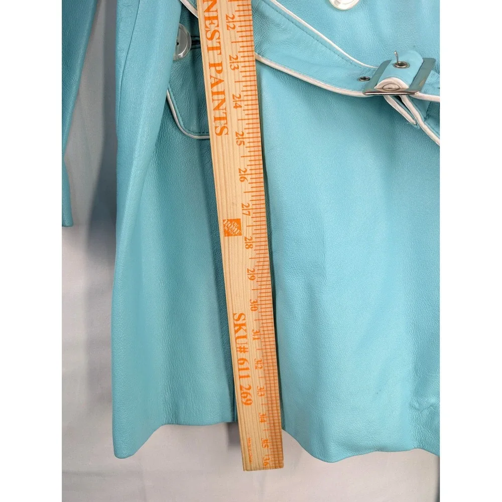 Wilsons Leather Maxima Trench Coat Womens L Turquoise Blue Leather Belted Jacket - Picture 5 of 10